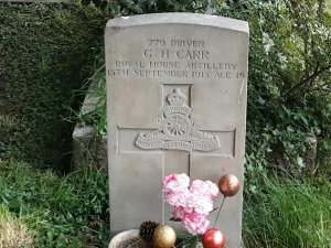 The grave of Driver G H Carr Royal Horse Artillery who died on 15th Sept 1915 age 19