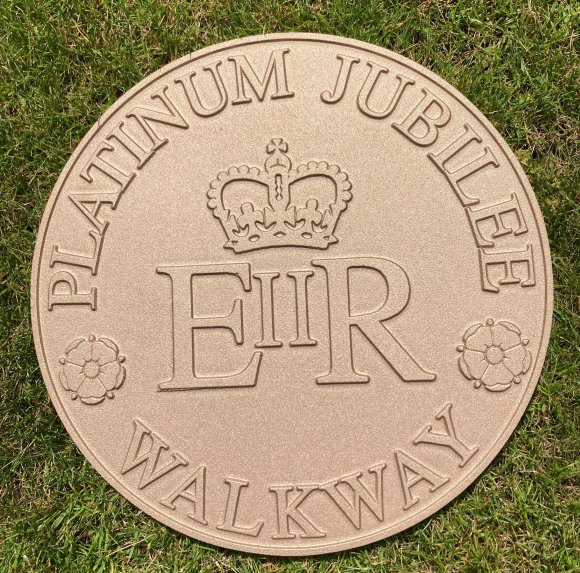 The Bronze plaque, located at Winthrop Gardens, marks the start of the Wickersley Platinum Jubilee Walkway.

Note the 'royal cypher' on the plaque - the monogram of Queen Elizabeth 11 which signifies the 'royal' status of this walk.